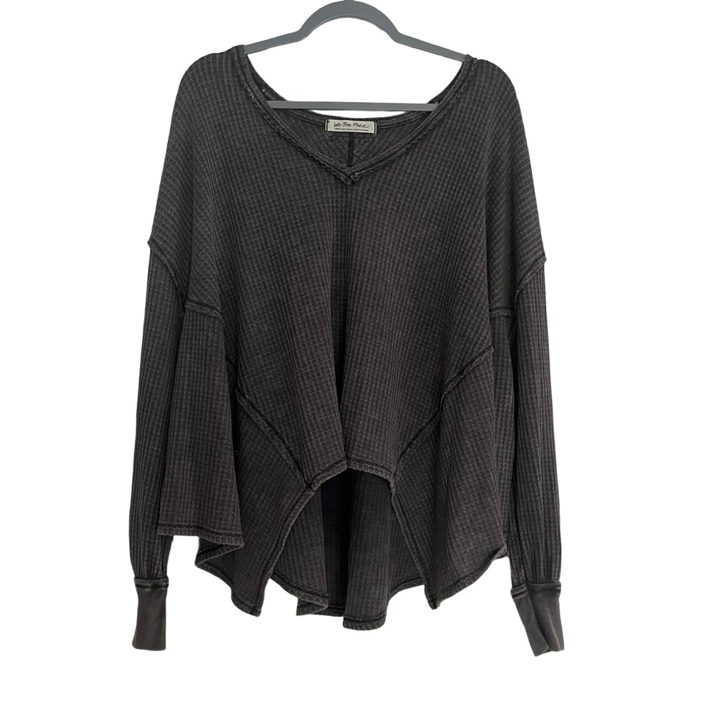 We The Free Coraline Thermal Top Slouchy Small Gray Waffle Knit High V-Neck